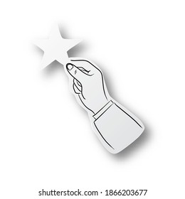Vector illustration black line hand drawn of businessman hand holding star on cut paper with shadow isolated on white background. Paper art. Business success concept.
