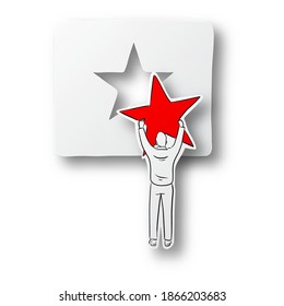 Vector illustration black line hand drawn of businessman holding red star on blank cut paper with shadow isolated on white background. Paper art.

