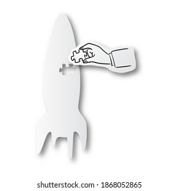 Vector illustration black line hand drawn of businessman hand holding jigsaw puzzle on startup rocket shape cut paper with shadow isolated on white background. Paper art. Business teamwork concept.