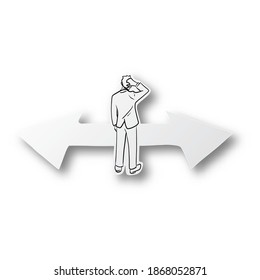 Ilustración vectorial mano de línea negra dibujada por el hombre de negocios eligiendo la forma de flecha de corte papel con sombra aislada en fondo blanco. Arte de papel. Concepto de elección de la manera de negocios.