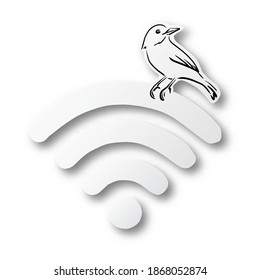 Vector illustration black line hand drawn of bird on wifi sign cut paper with shadow isolated on white background. Paper art. 