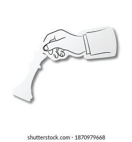 Vector illustration black line hand drawn of businessman Hand holding king chess on cut paper with shadow isolated on white background. Paper art. business strategy concept