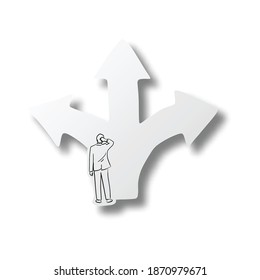Ilustración vectorial mano de línea negra dibujada por un confundido hombre de negocios parado frente a una encrucijada con una carretera dividida en tres maneras diferentes como flechas en papel cortado con sombra aislada en blanco.