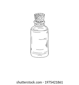 Vector illustration of black line hand drawn bottle of essential oil isolated on white background