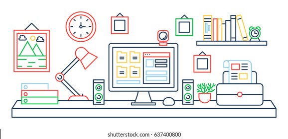 Vector illustration of black line single colored office table with computer. Color outline style.