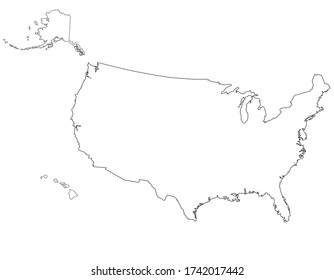 Vector illustration of the black line USA map isolated on white background