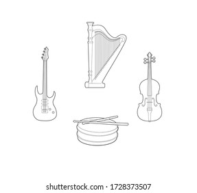 vector illustration of black linear icons of classical musical instruments on a white background violin guitar harp drum