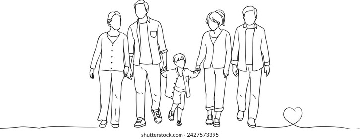 Vector illustration of black lines on a clearly separated white background. Hand drawn lines depicting a family with parents, children and grandparents, conveying the bond of family, love and warmth.