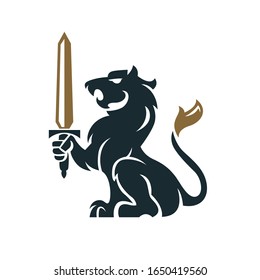 Vector illustration of black lion with blade for heraldry or tattoo. Vintage design heraldic symbols and elements