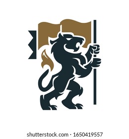 Vector illustration of black lion holding a flag for heraldry or tattoo. Vintage design heraldic symbols and elements