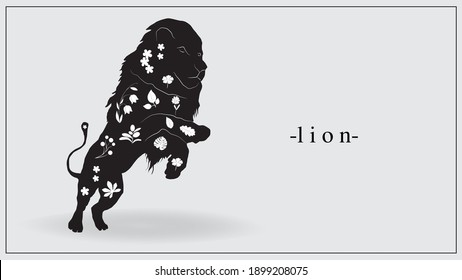 Ilustración vectorial de un león negro con plantas blancas y flores en el cuerpo. EPS 10.