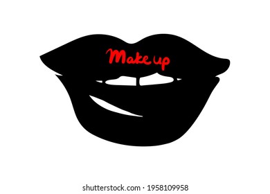 Vector illustration of black lips with teeth, with Lettering Makeup. Hand drawn icon and symbol for print, poster, sticker, card design, textile, fashion magazine, certificate for make-up artist.