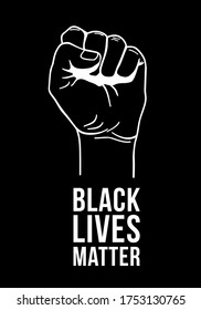 Vector illustration of Black Lives Matter text, clenched fist held high in protest. Hand raised up isolated. Human rights and equality concept. Sticker, patch, poster, print design.