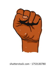 Vector illustration of Black Lives Matter text, clenched fist held high in protest. Hand raised up isolated. Human rights and equality concept. Sticker, patch, poster, print design.