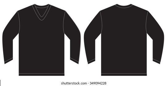 Vector illustration of black long sleeved v-neck shirt, isolated front and back design template for men