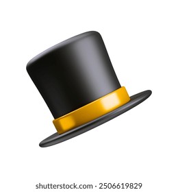 Vector illustration of black magician cylinder. 3d art of wizards hat with gold ribbon around it. Magic hat for magicians and artists. Retro clothing accessories isolated on a white background