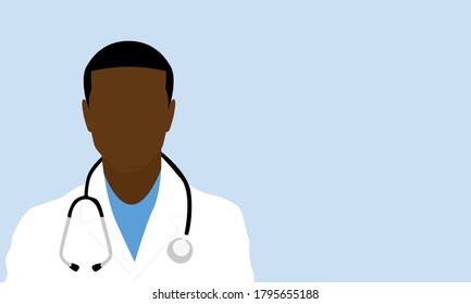 Vector illustration of a black male doctor with stethoscope around neck wearing a white coat and blue scrubs. Man is isolated against a light blue background with blank copy space for text or images.