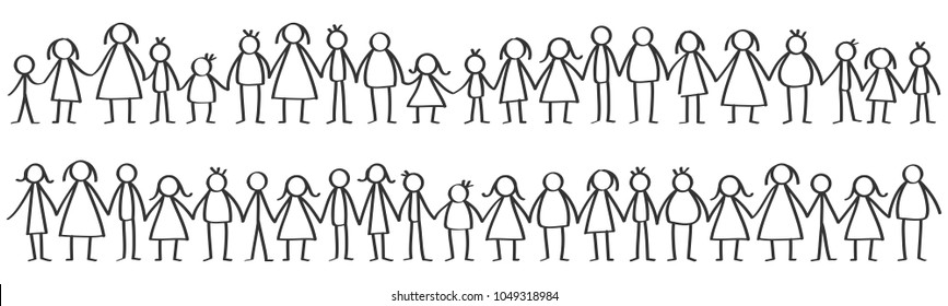 Vector illustration of black male and female stick figures standing in rows holding hands isolated on white background