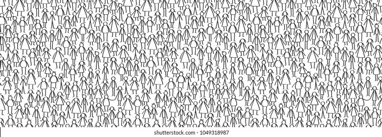 Vector illustration of black male and female stick figures horizontal banner repeating seamless pattern isolated on white background - Shutterstock ID 1049318987