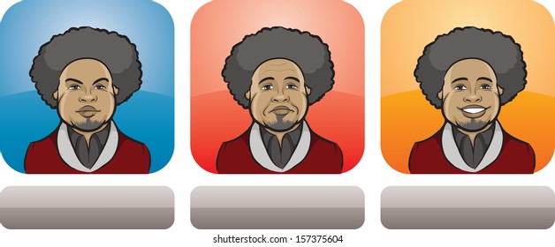 Vector illustration of black man afro face in three expressions: neutral, sad and happy - head and shoulders composition. Layered vector EPS10 format file.