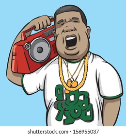 Vector illustration of black man with boombox on shoulder. Easy-edit layered vector EPS10 file scalable to any size without quality loss. High resolution raster JPG file is included.