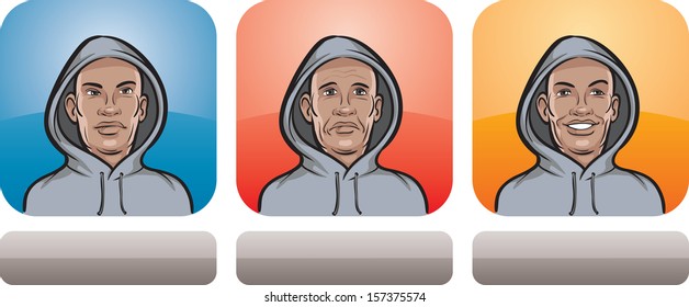 Vector illustration of black man face in hood in three expressions: neutral, sad and happy - head and shoulders composition. Layered vector EPS10 format file.