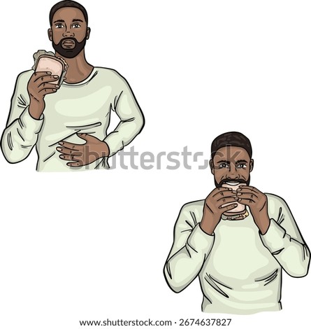 Vector Illustration of a Black man holding and eating a sandwich. Two variations show hunger discomfort and enjoyment. Perfect for food, lifestyle, diet, nutrition, cravings, diverse character 