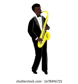 Ilustración vectorial del hombre negro tocando el saxofón al estilo de los años 20. Un guapo joven de jazz. Carácter plano, aislado en un fondo blanco