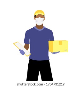 Ilustración vectorial del hombre negro con máscara y guantes médicos protectores está entregando el paquete o caja.  Entrega segura sin contacto a la puerta por concepto de mensajero. Pedido de compra en línea
