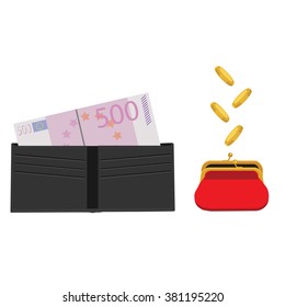 Vector illustration black man purse with five hundred euro and red retro purse with falling coins. Make money concept