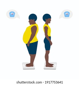 Vector Illustration of a black man showing the weight before and after. A fat and slim female figure. Eps 10
