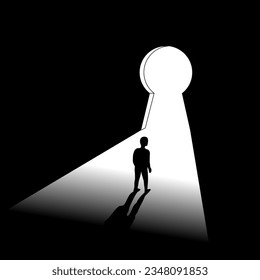 Vector illustration of Black man standing in a dark room in front of the door keyhole shape. A person solved problem. Light shine into the dark room.concept of business.