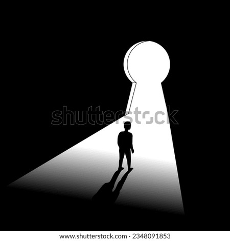 Vector illustration of Black man standing in a dark room in front of the door keyhole shape. A person solved problem. Light shine into the dark room.concept of business.