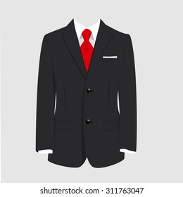 Vector illustration of  black man suit with red tie and white shirt on grey background. Business suit, business, mens suit, man in suit