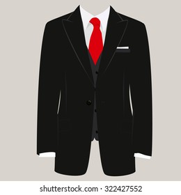 Vector illustration of  black man suit with red tie and white shirt on grey background. Business suit, business, men's suit, man in suit