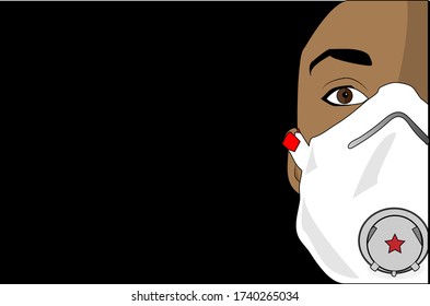 Vector illustration of a black man wearing a FFP3 mask with exhalation valve on a black background