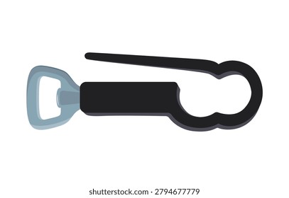Vector illustration of a black manual can opener. Kitchen handheld tin opener tool with a built in bottle opener slot isolated on a white background.