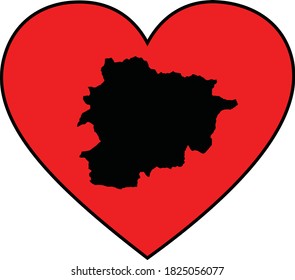 vector illustration of Black Map of Andorra in red heart shape on white background