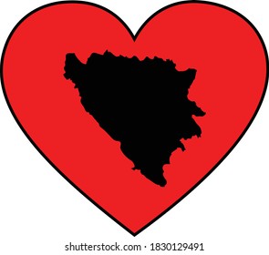 ilustración vectorial del Mapa Negro de Bosnia y Herzegovina en forma de corazón rojo sobre fondo blanco