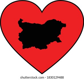 vector illustration of Black Map of Bulgaria in red heart shape on white background