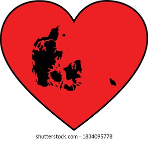 vector illustration of Black map of Denmark in red heart shape on white background