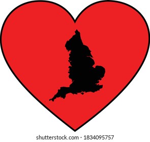 ilustración vectorial del mapa negro de Inglaterra en forma de corazón rojo sobre fondo blanco