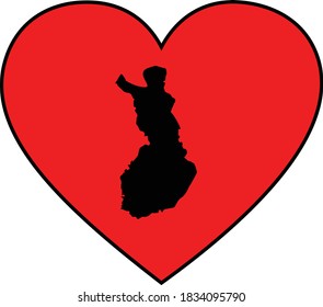 ilustración vectorial del mapa negro de Finlandia en forma de corazón rojo sobre fondo blanco