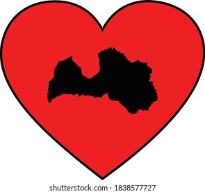 vector illustration of Black map of Latvia in red heart shape on white background