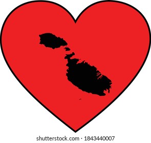 vector illustration of Black map of Malta in red heart shape on white background