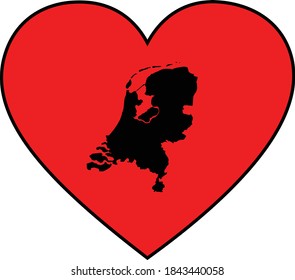 vector illustration of Black map of Netherlands in red heart shape on white background