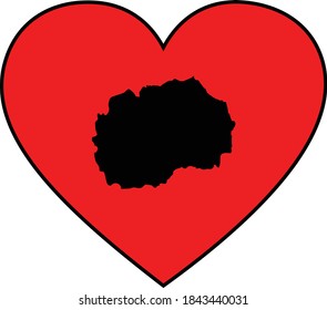 vector illustration of Black map of North Macedonia in red heart shape on white background