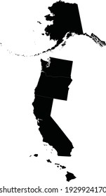 vector illustration of Black map of Pacific coast region with US federal states 