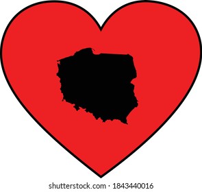 vector illustration of Black map of Poland in red heart shape on white background
