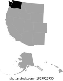 vector illustration of Black Map of US federal state of Washington inside the map of Western region of USA